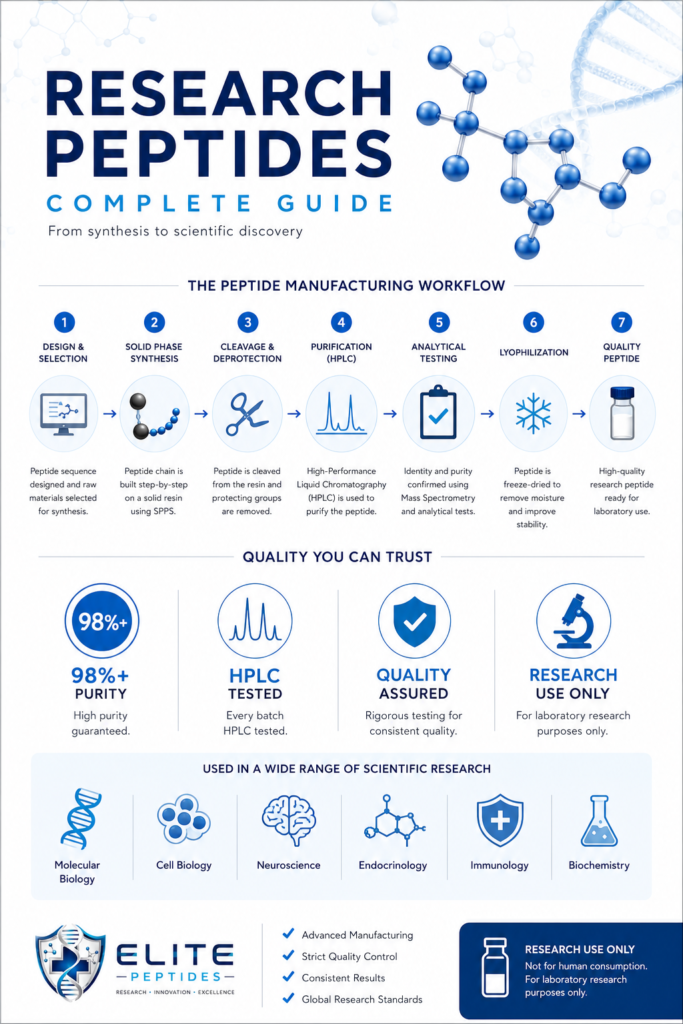 Research Peptides Complete Guide Infographic Research peptides infographic showing peptide synthesis, purification, HPLC testing, storage, quality assurance, and scientific research applications.